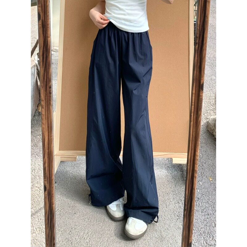 美式藏青色简约工装裤女春秋新款高腰垂感休闲宽松显瘦阔腿运动裤