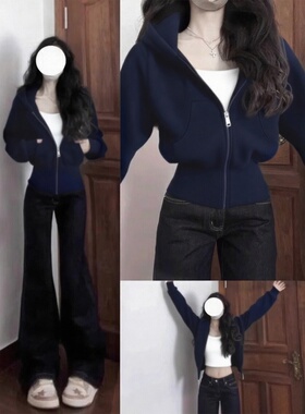 藏青色修身短款卫衣女春秋季薄款收腰上衣运动休闲风外套韩系穿搭