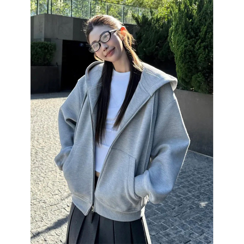 韩系连帽卫衣女秋冬季加绒宽松显瘦休闲外套慵懒风松驰感开衫上衣
