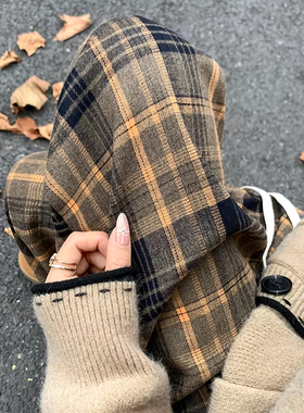 黄色加绒格子裤子女秋冬加厚高腰显瘦垂感复古慵懒休闲拖地阔腿裤