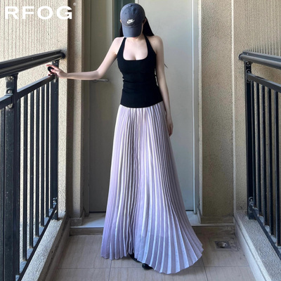 紫色半身裙女夏季气质压褶中长裙