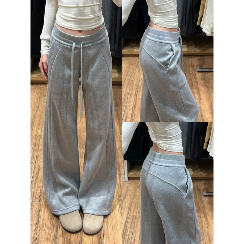 浅灰色窄版直筒卫裤女秋冬季加绒韩版高腰垂感慵懒显瘦运动阔腿裤