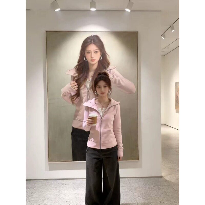 粉红色连帽卫衣外套女春秋季美式修身显瘦运动短款瑜伽服开衫上衣