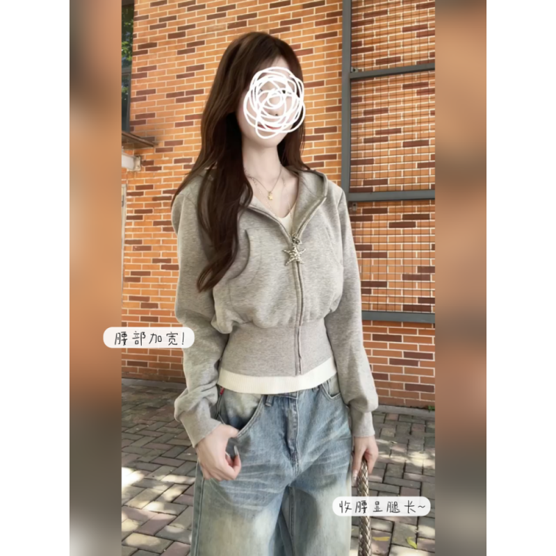 美式短款灰色连帽加绒卫衣外套女秋季韩系穿搭显瘦修身奥粒绒上衣