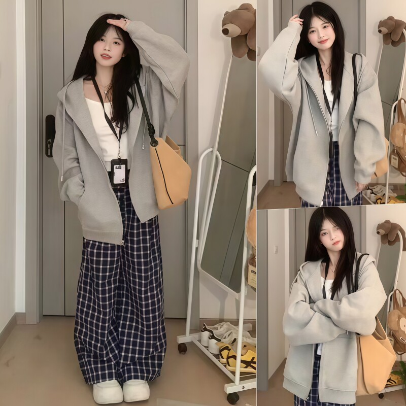 韩系慵懒风灰色卫衣女秋冬新款宽松加绒开衫百搭显瘦简约连帽上衣