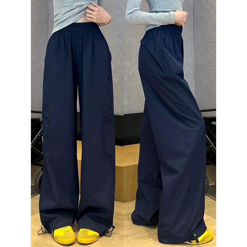 藏青色工装裤女春秋美式直筒阔腿裤宽松垂感休闲小个子速干运动裤