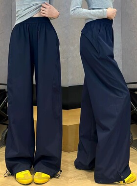 藏青色工装裤女春秋美式直筒阔腿裤宽松垂感休闲小个子速干运动裤