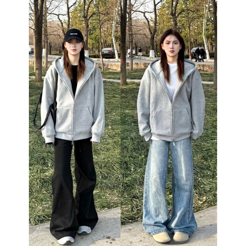 美式浅灰色宽松显瘦长袖连帽卫衣