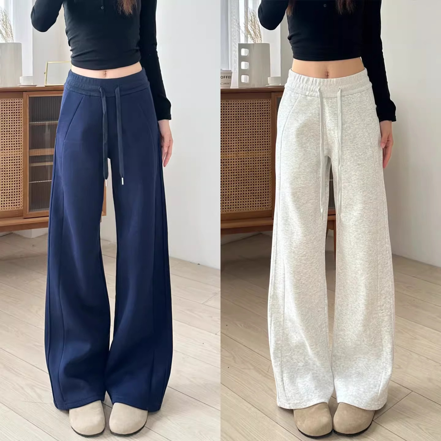 美式运动裤女秋冬季休闲宽松直筒窄版阔腿裤高腰显瘦垂感香蕉卫裤