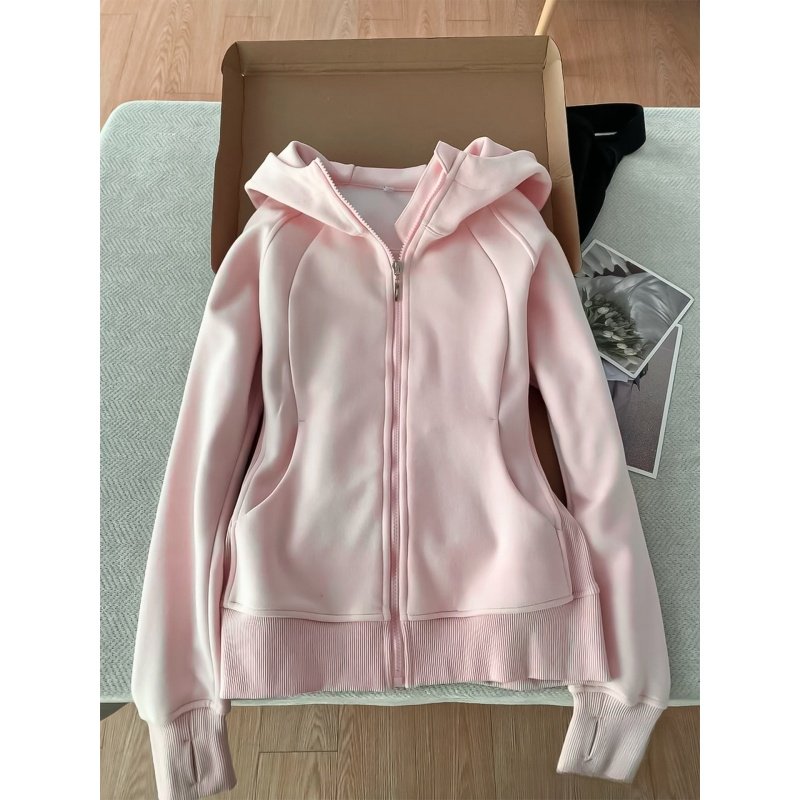 粉色美式修身卫衣外套女秋冬季新款美式辣妹拉链上衣收腰连帽开衫