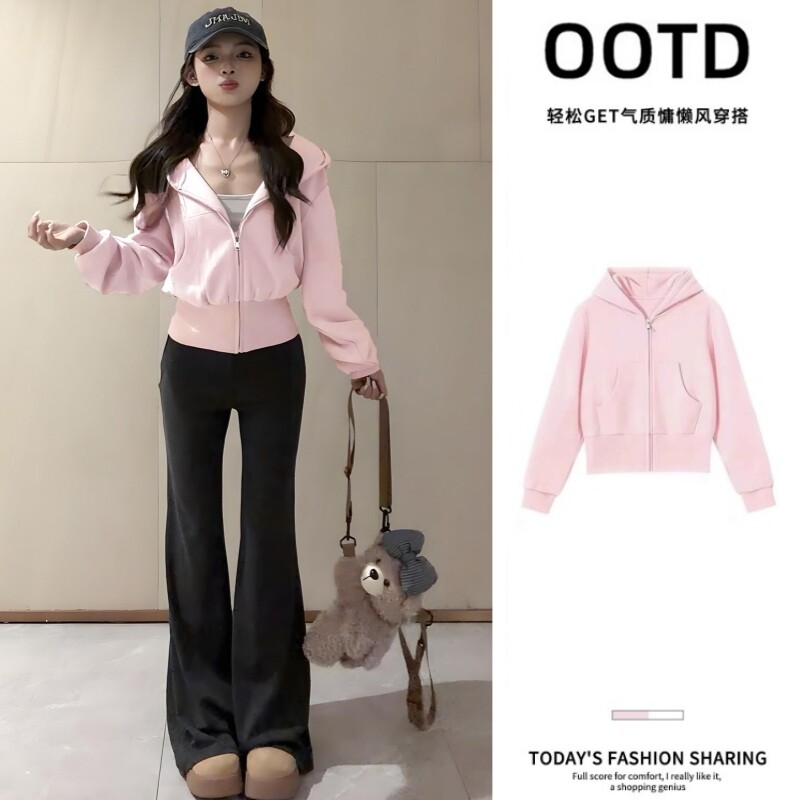 粉红色短款卫衣外套女春秋新款韩系穿搭修身收腰正肩连帽开衫上衣