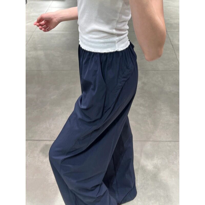 美式藏青色速干工装裤女夏季薄款高腰垂感显瘦阔腿裤小个子运动裤