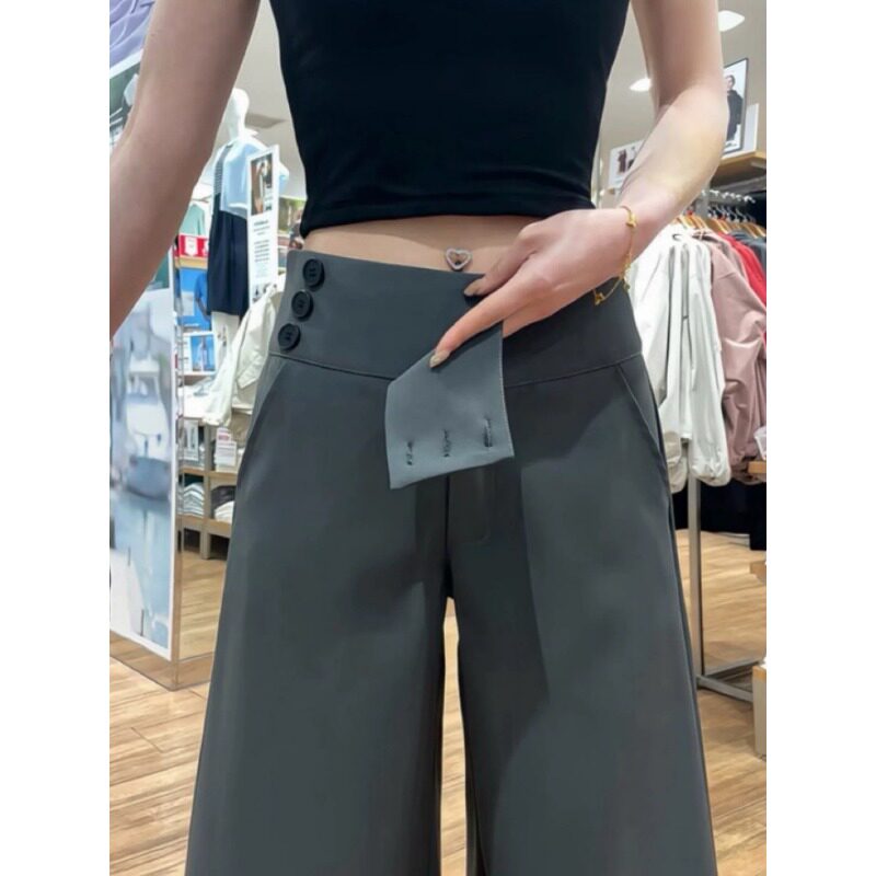 美式灰色低腰显瘦西装裤女夏季薄款侧腰纽扣设计宽松垂感阔腿裤子