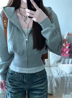 灰色连帽卫衣外套女秋冬季正肩修身收腰显瘦开衫休闲拉链短款上衣