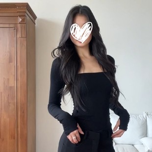 美式辣妹方领内搭长袖T恤上衣女秋冬黑色短款紧身收腰显瘦打底衫