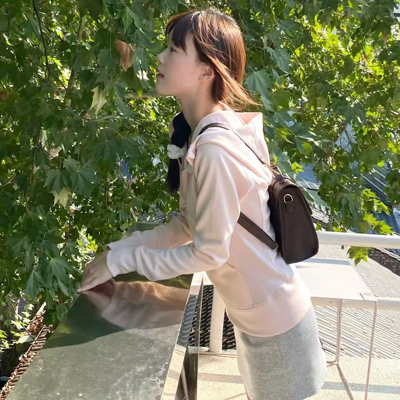 粉色设计感正肩连帽开衫卫衣女秋冬加绒外套百搭修身显瘦长袖上衣