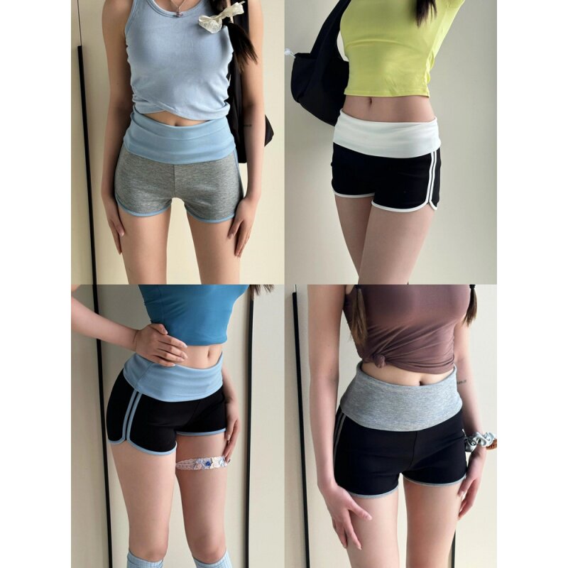 美式辣妹拼接腰头瑜伽运动短裤女夏季侧边双杠提臀跑步健身三分裤