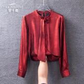 酒红色缎面衬衫 洋气上衣 高级感立体花朵职业通勤时尚 女长袖 春秋款