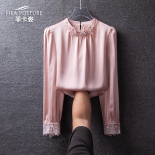 设计感气质百搭衬衣别致小衫 法式 2025春秋新款 女长袖 粉色缎面衬衫