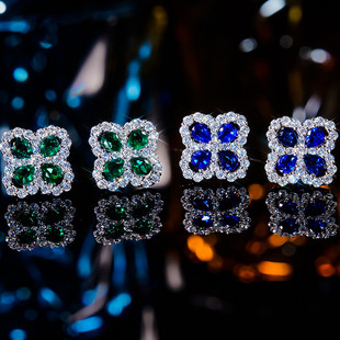 PT950铂金莫桑石群镶蓝钻镂空四瓣花耳钉纯银绿钻耳饰时尚气质女