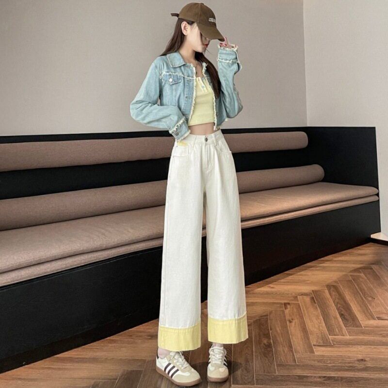 阔腿裤裤春夏2025高腰宽松白色烟管拼色牛仔裤休闲女小个子九分裤