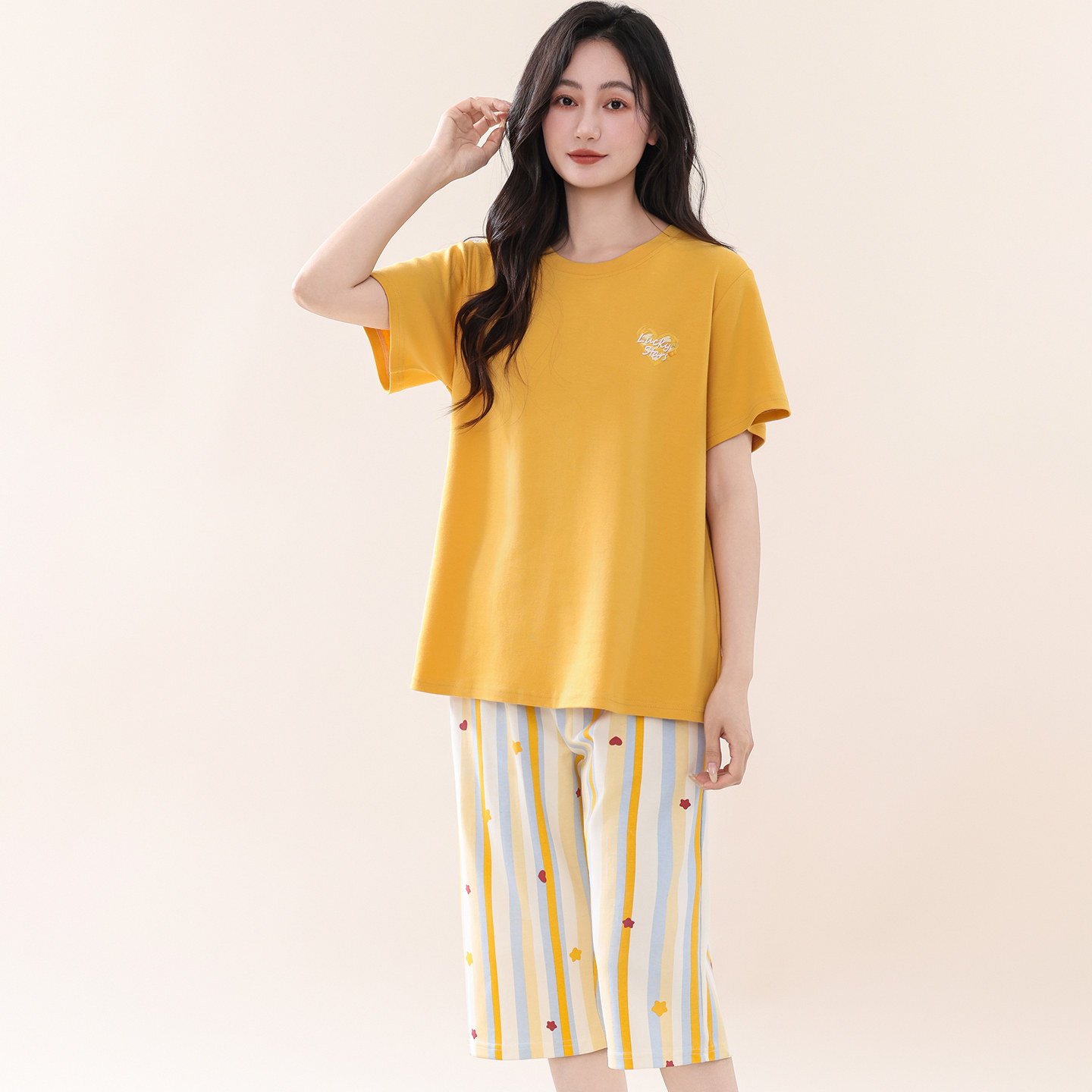 纯棉印花睡衣女夏季套头短袖七分裤简约宽松透气可外穿居家服套装