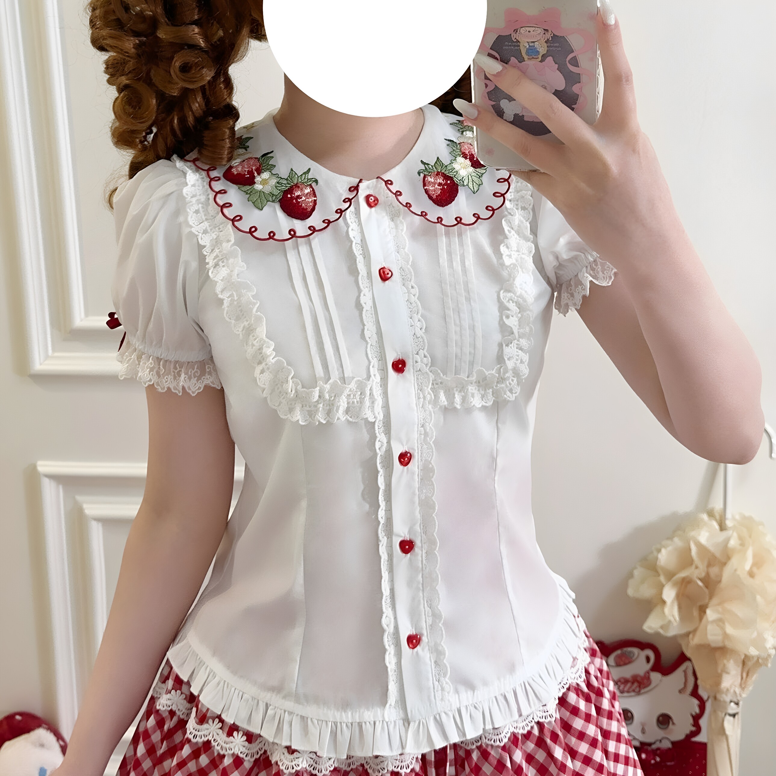 草莓内搭lolita衬衫娃娃领洛丽塔甜美短袖蕾丝拼接甜美上衣百搭