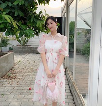亚町家印花立体蝴蝶20夏季新款白色梦境小众网纱连衣裙z123