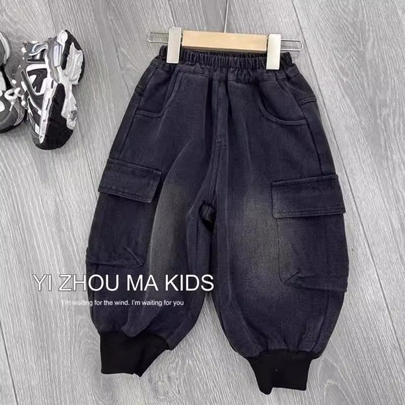 男童加绒牛仔裤中小童加厚宽松哈伦裤儿童韩版休闲一体绒加厚裤子