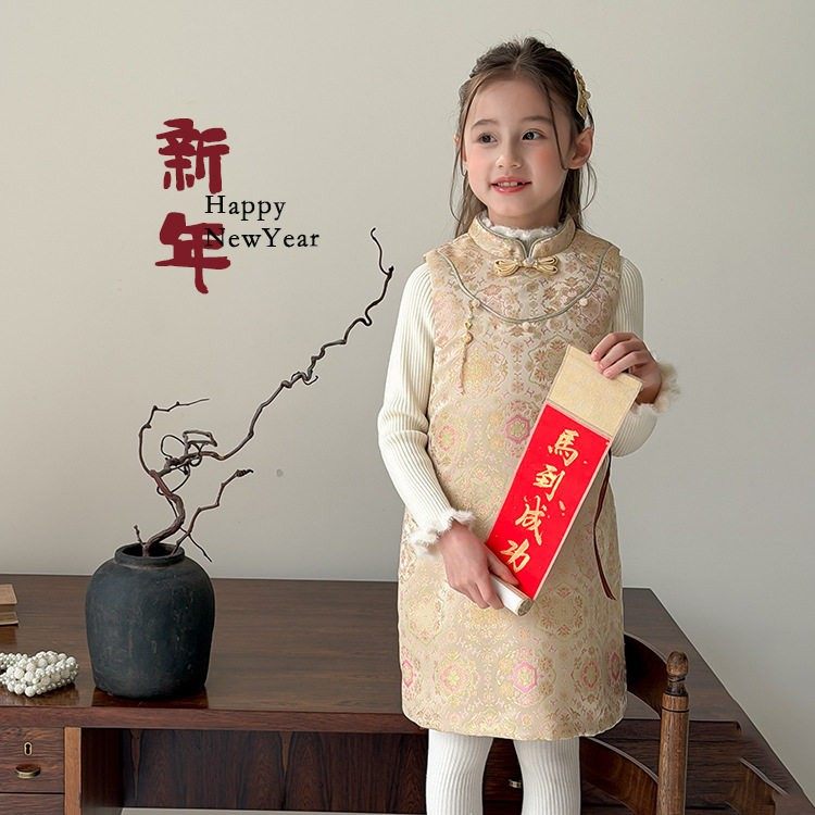 2026新年装女童纯棉中国风加厚保暖改良缎面桁棉公主风背心旗袍裙