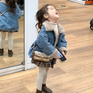 儿童加绒夹克2025秋冬新款女童韩版灰兔毛内里保暖加厚牛仔外套潮