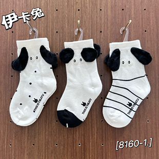 8160 四季 伊卡兔正品 儿童袜子2025秋冬新韩系布标小狗条纹男女同款