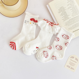 儿童袜子伊卡兔26春夏新红色卡通KT猫中筒无骨网眼袜子学生袜9015