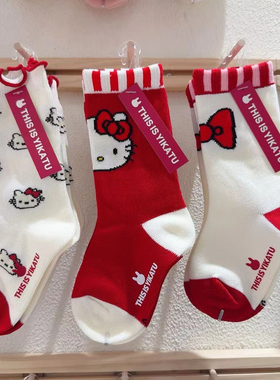 YKT伊卡兔正品儿童秋冬新款红色系KT猫可爱卡通中筒无骨纯棉7149