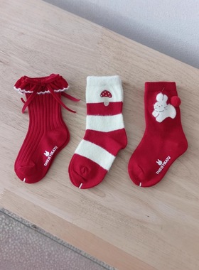 儿童红色袜子伊卡兔童袜秋冬新款兔子蘑菇过年喜庆丝绒蝴蝶结8185