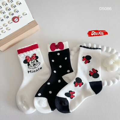 逗库2025秋冬中筒袜女宝儿童袜韩系可爱蝴蝶结波点米奇棉袜D5086