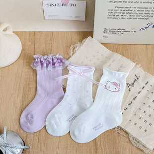 儿童袜子伊卡兔26春夏新紫色KT猫卡通网眼袜子中筒花边公主袜9025