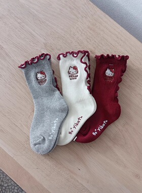 儿童袜子伊卡兔童袜秋冬新透气卡通KT 猫木耳边红色过年喜庆8178