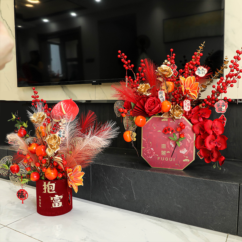 新年装饰福桶摆件年宵花发财红果2026春节过年前台盆栽抱抱桶布置