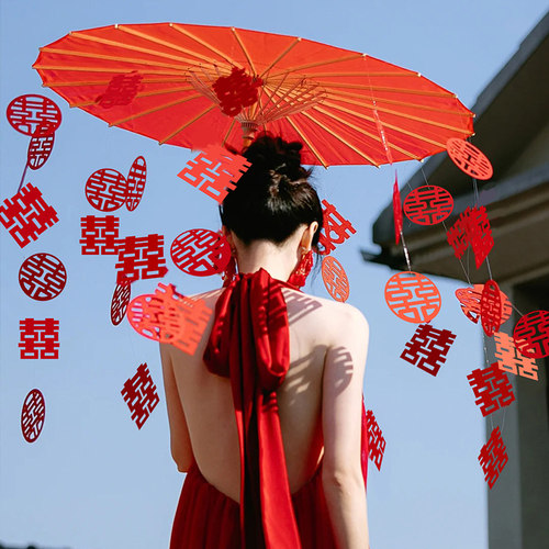 中式喜字婚伞油伞红伞婚纱晨跑
