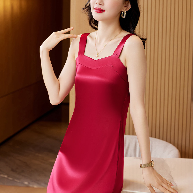 睡裙女夏睡衣时尚薄款外穿性感吊带中长款桑蚕丝绸连衣裙夏天裙子