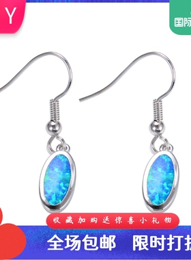 欧美风白金椭圆形蓝色耳环