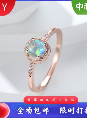 新款时尚跨境个性玫瑰金四爪圆形镶钻白色澳宝女式个性百搭戒指
