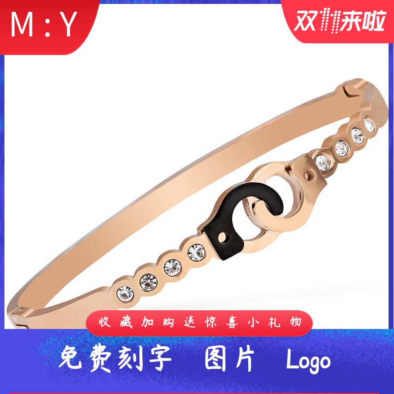 新款时尚欧美5MM创意手铐简约拼接黑玫瑰金镶钻不锈钢手镯女