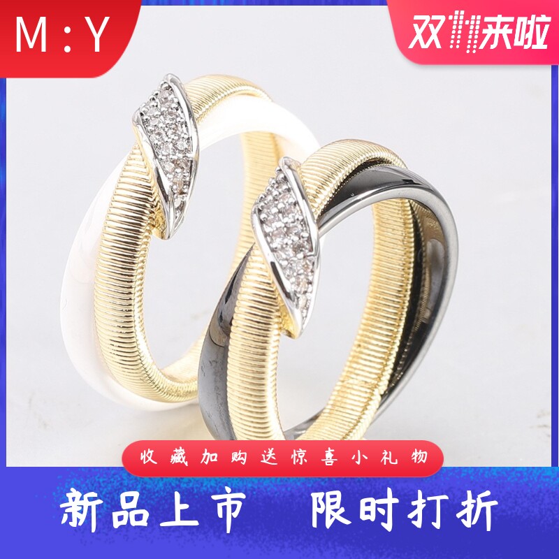 新款欧美跨境陶瓷镶斜钻戒指镀金8MM黑白情侣戒指双环对戒百搭女