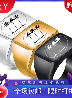 新款欧美ins亚马逊三颗树13MM长条手工光面图章戒指潮流不锈钢戒