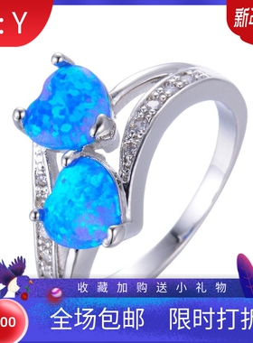 新款跨境时尚欧美白金白色澳宝双桃心戒指手饰