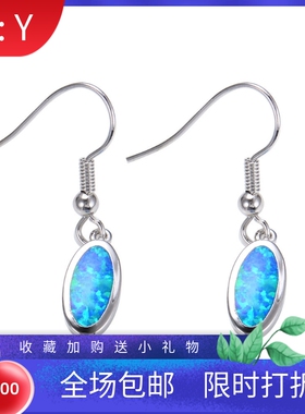 欧美风白金椭圆形蓝色耳环