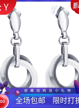 新款厂家 316L16MM不锈钢陶瓷双层混搭耳环圆形坠简约个性耳钉女