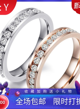 新款欧美跨境ins百搭个性4MM单排镶钻情侣对戒指环不锈钢戒指饰品